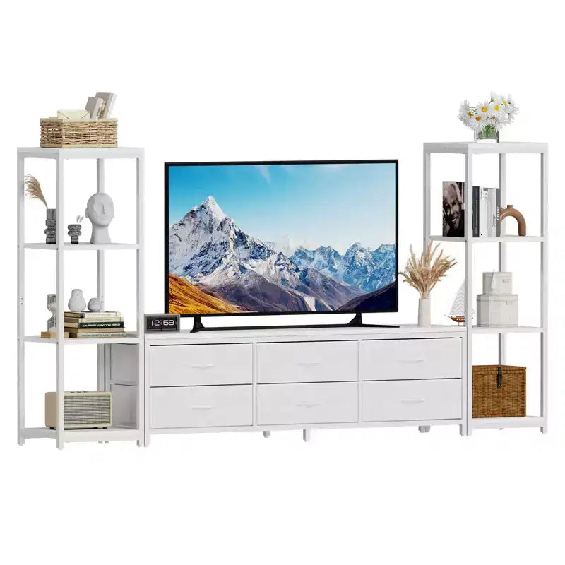 Meuble TV commode industriel moderne pour téléviseur de 75 pouces - 6 tiroirs en tissu - 4 étagères de rangement - Grand meuble console multimédia