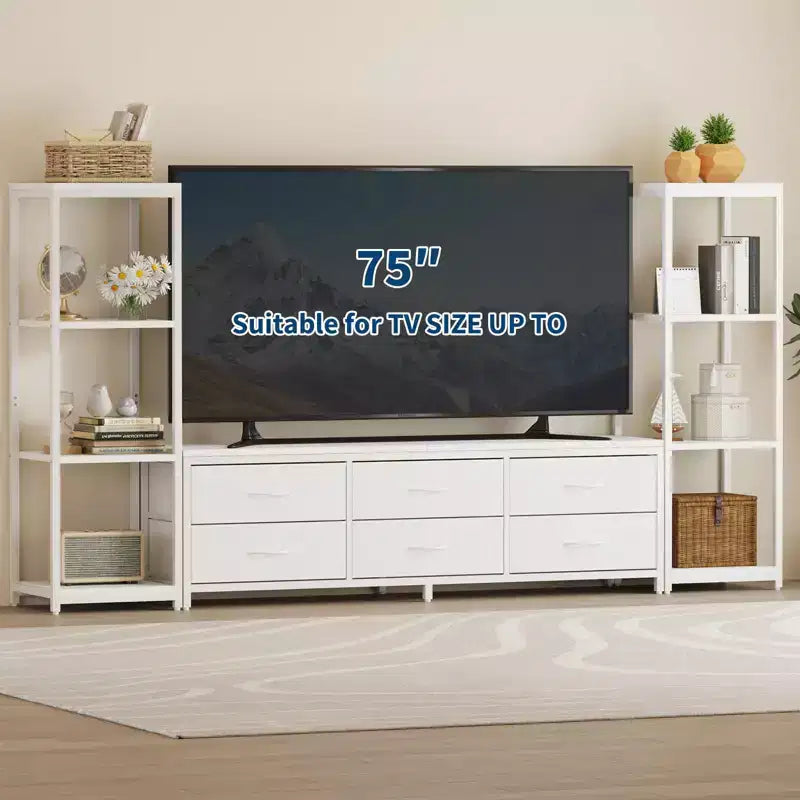 Meuble TV commode industriel moderne pour téléviseur de 75 pouces - 6 tiroirs en tissu - 4 étagères de rangement - Grand meuble console multimédia