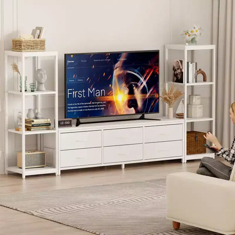 Meuble TV commode industriel moderne pour téléviseur de 75 pouces - 6 tiroirs en tissu - 4 étagères de rangement - Grand meuble console multimédia