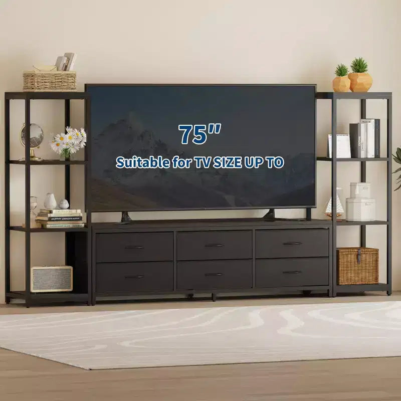 Meuble TV commode industriel moderne pour téléviseur de 75 pouces - 6 tiroirs en tissu - 4 étagères de rangement - Grand meuble console multimédia