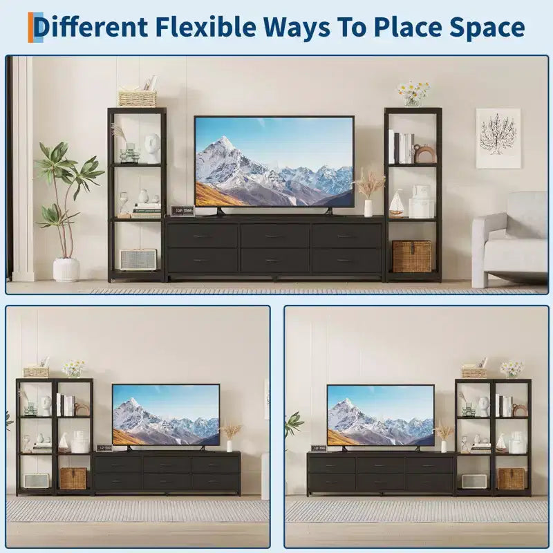 Meuble TV commode industriel moderne pour téléviseur de 75 pouces - 6 tiroirs en tissu - 4 étagères de rangement - Grand meuble console multimédia