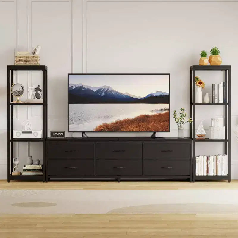 Meuble TV commode industriel moderne pour téléviseur de 75 pouces - 6 tiroirs en tissu - 4 étagères de rangement - Grand meuble console multimédia