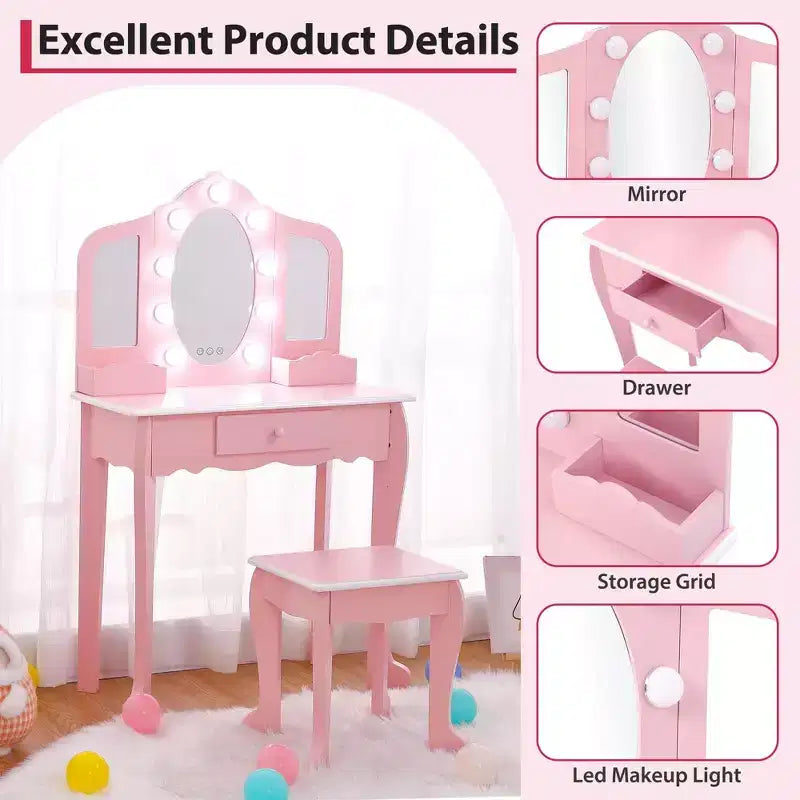 Coiffeuse pour enfants avec miroir éclairé, Table de maquillage pour petites filles