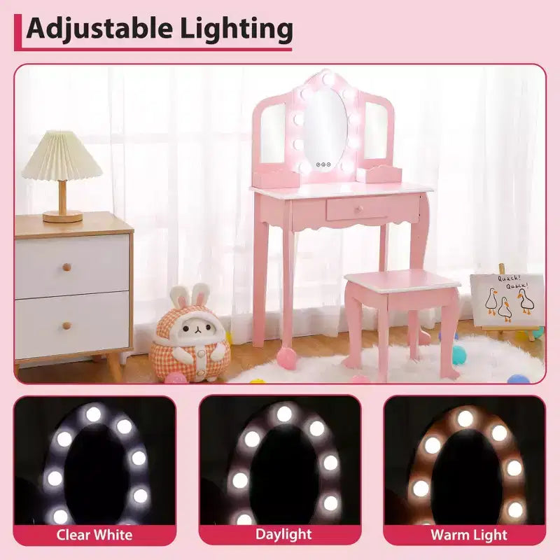 Coiffeuse pour enfants avec miroir éclairé, Table de maquillage pour petites filles