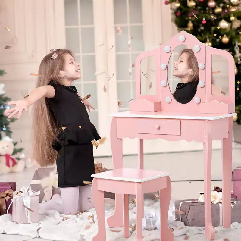Kids Vanity with Lighted Mirror, Little Girls Vanity Table
