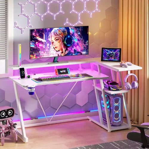 55 inch L Shaped Corner Gaming Desk White Computer Table with Monitor Stand 3 Tier Storage Shelves Modern Gamer Desk for Bedrooms PC Study Room Setup