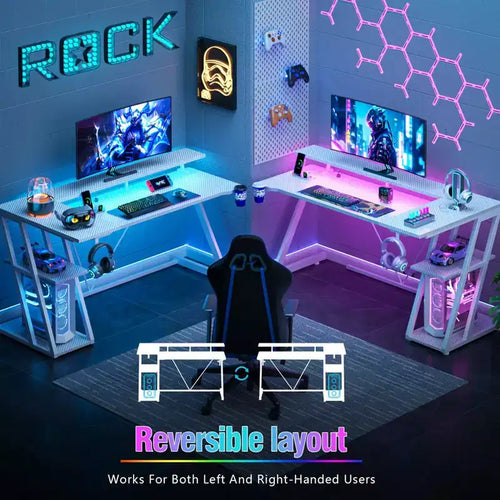 Bureau d'angle en L de 140 cm, blanc, pour gamer, avec support de moniteur, 3 étagères de rangement, bureau de gamer moderne pour chambres à coucher, installation de salle d'étude PC