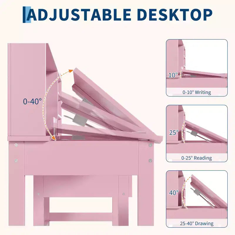 Ensemble bureau et chaise d'étude Acekool pour enfants avec surmeuble, plateau inclinable et rangements pour chambre et école à domicile