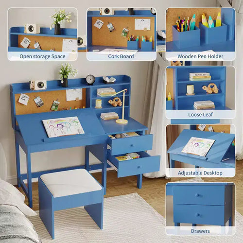 Ensemble bureau et chaise d'étude Acekool pour enfants avec surmeuble, plateau inclinable et rangements pour chambre et école à domicile