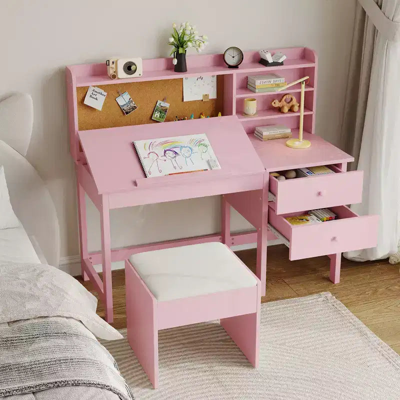 Ensemble bureau et chaise d'étude Acekool pour enfants avec surmeuble, plateau inclinable et rangements pour chambre et école à domicile