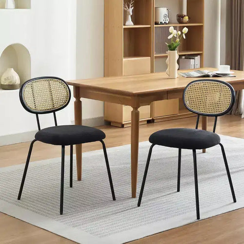Acekool Mid Century Modern Velvet Dining Chairs Set of 2 Rattan Back Upholstered Metal Chairs for Kitchen Living Room
