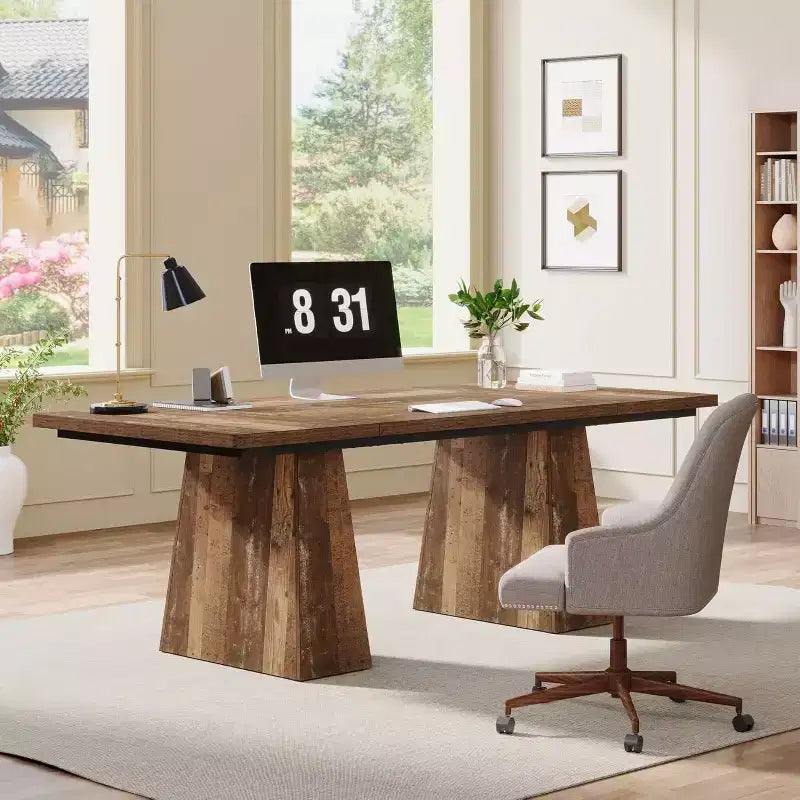 Bureau de direction Lantine de 63 pouces, grand bureau d'ordinateur avec double piédestal, table d'écriture moderne pour bureau à domicile, brun expresso