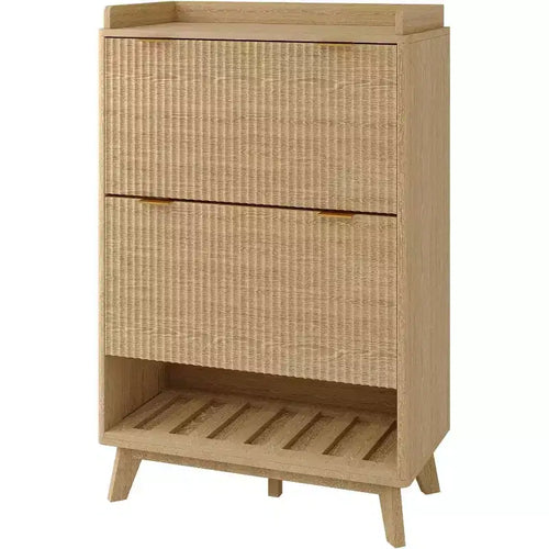 Meuble à chaussures étroit Acekool 2 tiroirs basculants en noyer avec tiroir et étagère ouverte pour entrée, couloir et salon