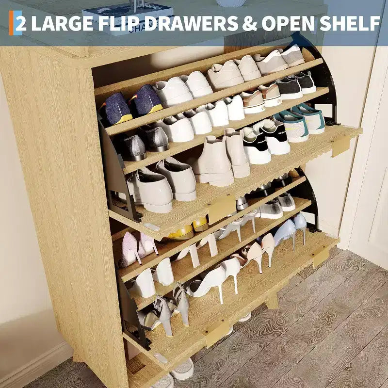 Meuble à chaussures étroit Acekool 2 tiroirs basculants en noyer avec tiroir et étagère ouverte pour entrée, couloir et salon