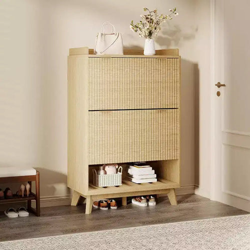 Acekool 2 Flip Drawer Narrow Walnut Shoe Cabinet with Drawer & Open Shelf for Entryway Hallway & Living Room