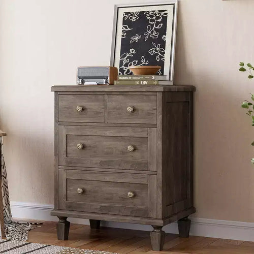 4-Drawer Vintage Dresser with Tapered Legs, Grey Wood Chest of Drawers for Bedroom, Living Room