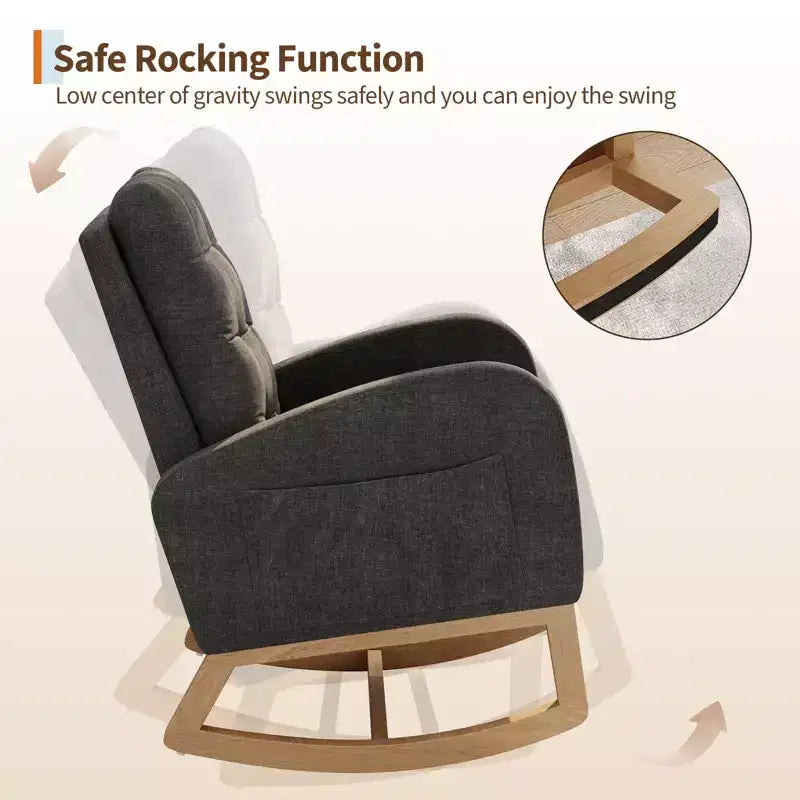 Fauteuil à bascule pour chambre de bébé avec repose-pieds réglable, fauteuil à bascule planant à dossier haut en lin avec pieds en bois pour salon, chambre à coucher et chambre de bébé