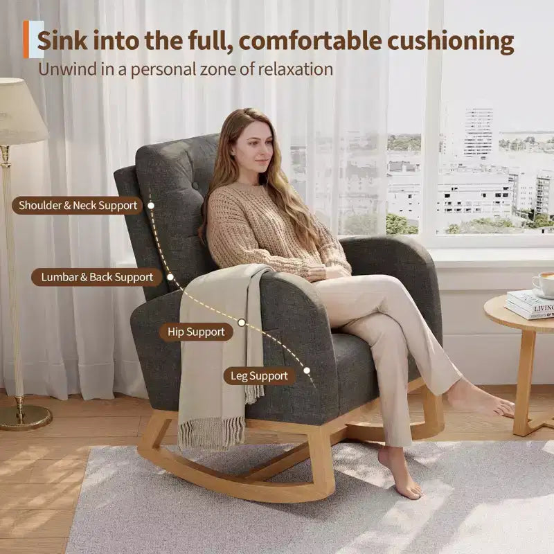 Fauteuil à bascule pour chambre de bébé avec repose-pieds réglable, fauteuil à bascule planant à dossier haut en lin avec pieds en bois pour salon, chambre à coucher et chambre de bébé