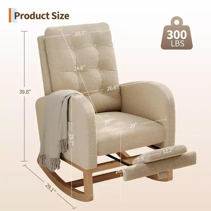 Fauteuil à bascule pour chambre de bébé avec repose-pieds réglable, fauteuil à bascule planant à dossier haut en lin avec pieds en bois pour salon, chambre à coucher et chambre de bébé
