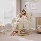 Fauteuil à bascule pour chambre de bébé avec repose-pieds réglable, fauteuil à bascule planant à dossier haut en lin avec pieds en bois pour salon, chambre à coucher et chambre de bébé