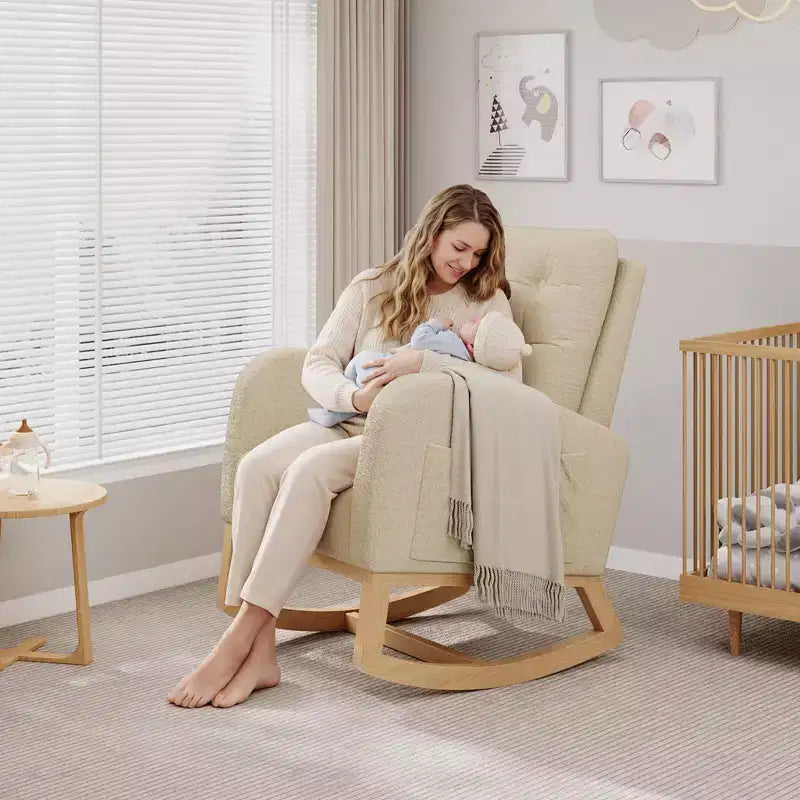 Fauteuil à bascule pour chambre de bébé avec repose-pieds réglable, fauteuil à bascule planant à dossier haut en lin avec pieds en bois pour salon, chambre à coucher et chambre de bébé