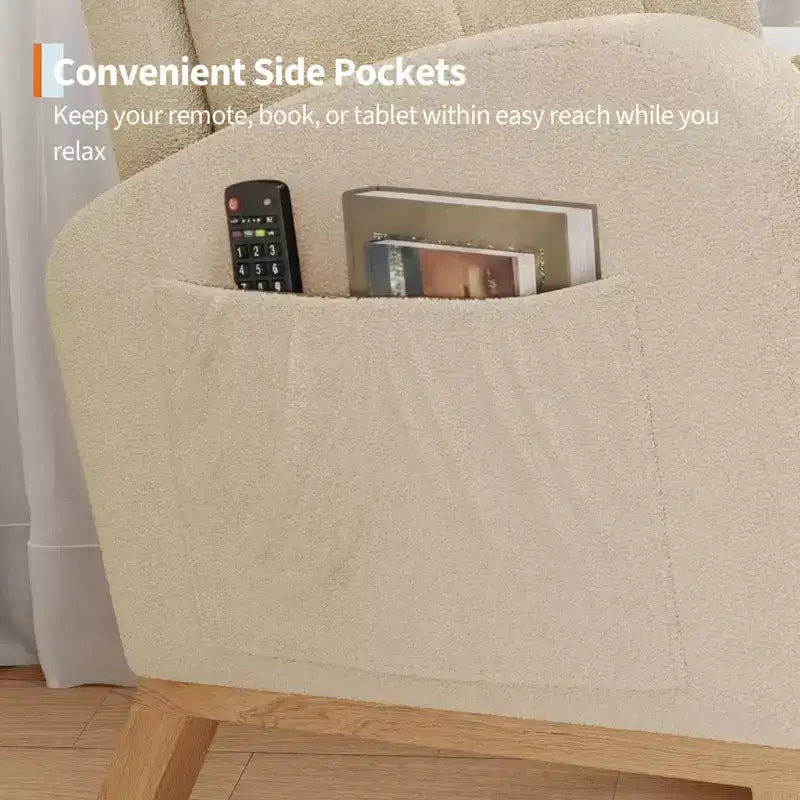 Fauteuil à bascule pour chambre de bébé avec repose-pieds réglable, fauteuil à bascule planant à dossier haut en lin avec pieds en bois pour salon, chambre à coucher et chambre de bébé