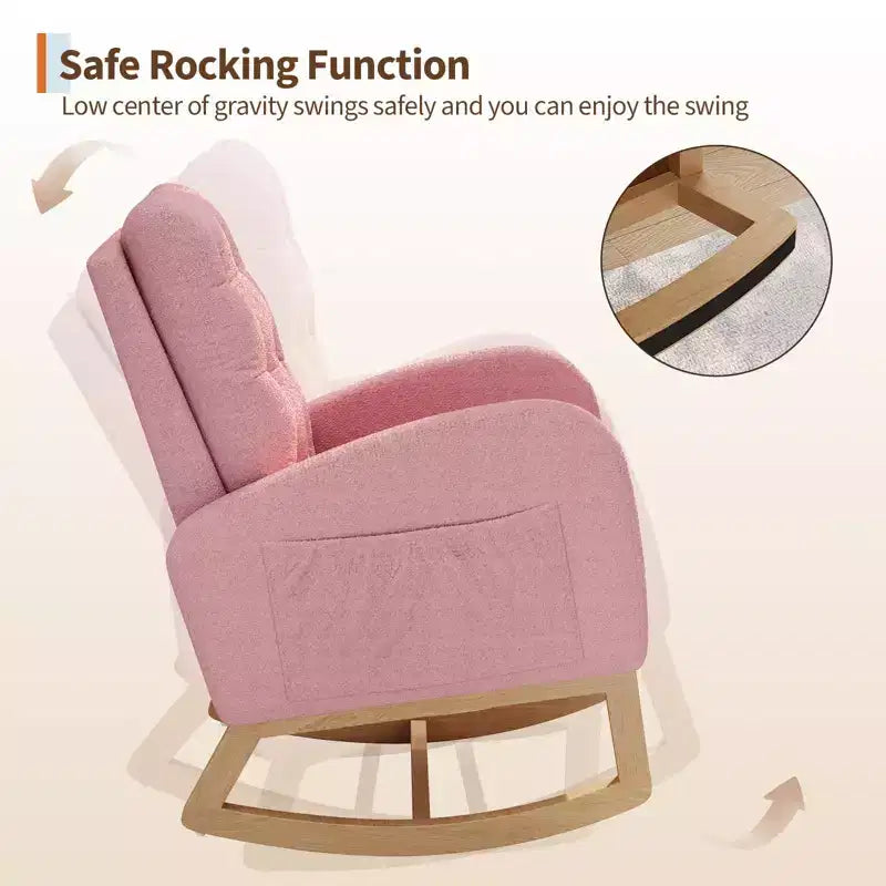 Fauteuil à bascule pour chambre de bébé avec repose-pieds réglable, fauteuil à bascule planant à dossier haut en lin avec pieds en bois pour salon, chambre à coucher et chambre de bébé