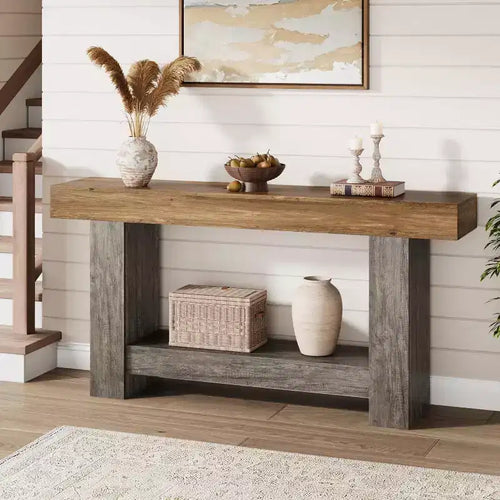 63 Long Farmhouse Entryway Console Table, 2-Tier Rustic Brown & Grey Sofa Table Behind Couch with Open Storage for Entrance, Living Room & Hallway