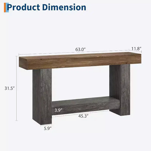 Console de chemin de ferme de 63 po, table de canapé rustique à 2 niveaux brun et gris derrière le canapé avec rangement ouvert pour l'entrée, le salon et le couloir