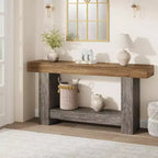 Console de chemin de ferme de 63 po, table de canapé rustique à 2 niveaux brun et gris derrière le canapé avec rangement ouvert pour l'entrée, le salon et le couloir
