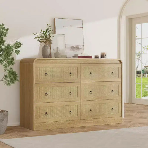 Acekool 6 Drawer Rattan Dresser Modern Chest of Drawers for Bedroom, Living Room & Hallway