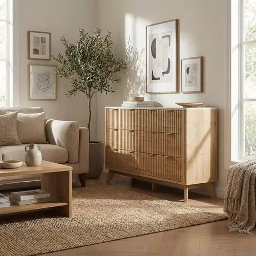6-Drawer Chest with Imitation Marble Top, Modern Wavy Front Dresser, Durable Particleboard Storage Cabinet with Wood Grain Finish