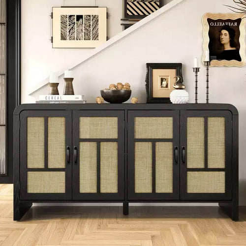 59 Black Rattan Buffet Cabinet with 4 Doors, Boho Sideboard with Adjustable Shelves, Wood Accent for Dining Living Room