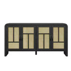 Buffet 4 portes en rotin noir, bahut bohème avec étagères réglables, accent bois pour salle à manger et salon