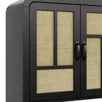 Buffet 4 portes en rotin noir, bahut bohème avec étagères réglables, accent bois pour salle à manger et salon