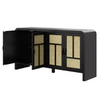 Buffet 4 portes en rotin noir, bahut bohème avec étagères réglables, accent bois pour salle à manger et salon