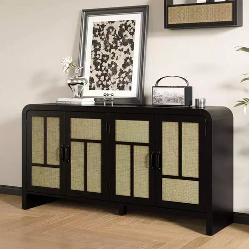 Buffet 4 portes en rotin noir, bahut bohème avec étagères réglables, accent bois pour salle à manger et salon