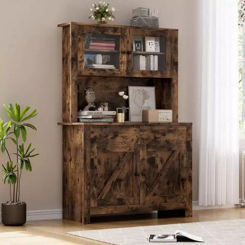 63 Kitchen Pantry Cabinet - Freestanding Hutch, Microwave Stand, 2 Drawers, 4 Doors, Adjustable Shelves, Kitchen Storage