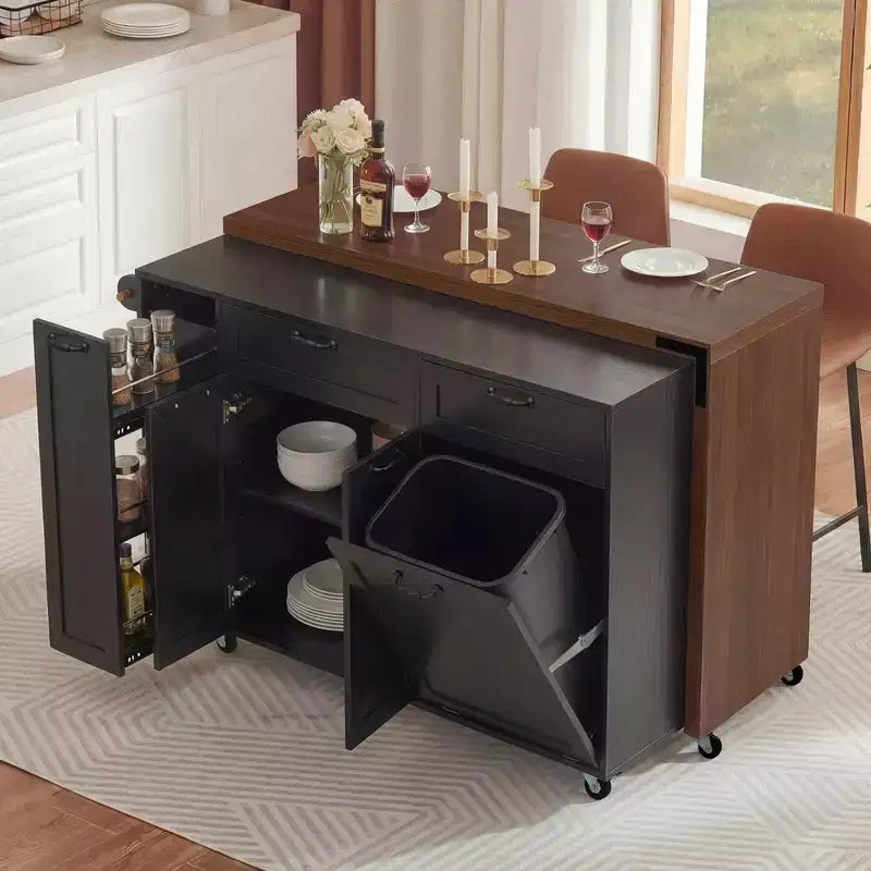 FAMYYT 102.3 Desserte de cuisine roulante avec table à manger extensible, armoire de rangement pour poubelle, étagère à épices coulissante à 3 niveaux, 2 tiroirs