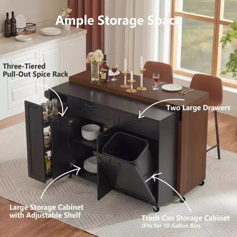 FAMYYT 102.3 Desserte de cuisine roulante avec table à manger extensible, armoire de rangement pour poubelle, étagère à épices coulissante à 3 niveaux, 2 tiroirs