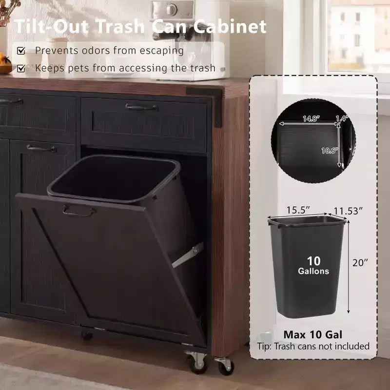 FAMYYT 102.3 Desserte de cuisine roulante avec table à manger extensible, armoire de rangement pour poubelle, étagère à épices coulissante à 3 niveaux, 2 tiroirs