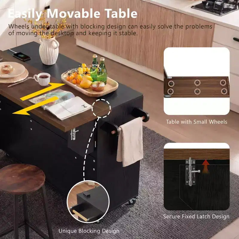 FAMYYT 102.3 Desserte de cuisine roulante avec table à manger extensible, armoire de rangement pour poubelle, étagère à épices coulissante à 3 niveaux, 2 tiroirs
