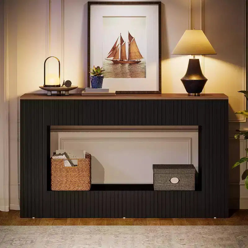 Console moderne Lantine, table d'entrée en bois de 140 cm avec rangement, table de canapé étroite et longue derrière le canapé pour salon, hall d'entrée, couloir