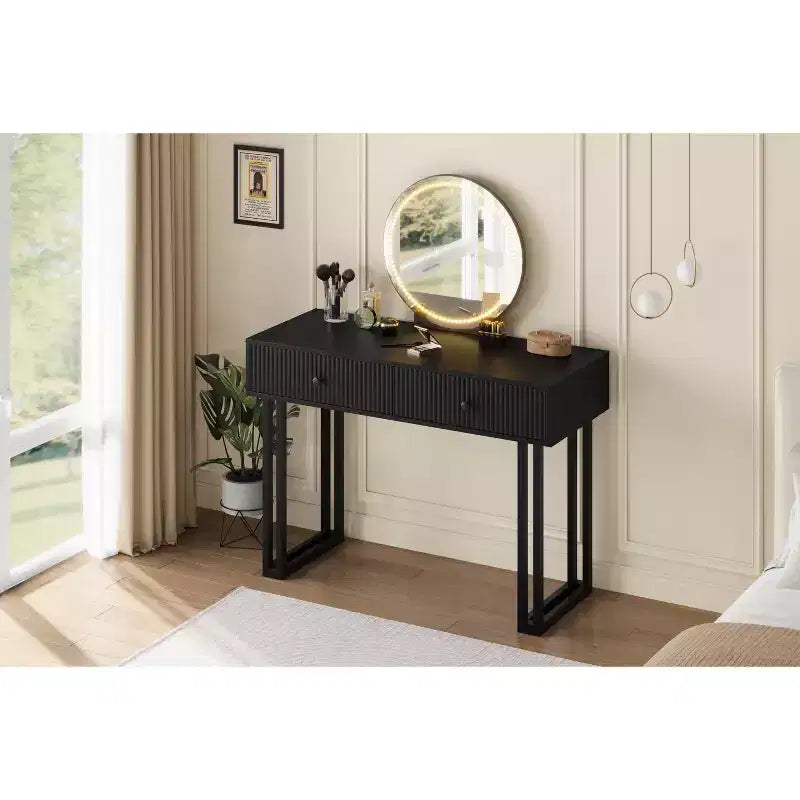 COZONY Coiffeuse de 100 cm avec Miroir Rond Éclairé HD, 3 Couleurs de Lumières LED, 2 Tiroirs, Coiffeuse Compacte pour Chambre, Noir