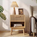 Lot de 2 tables de chevet bohèmes, petites tables de nuit avec tiroir et étagère ouverte, tables d'appoint décorées de lattes en bois pour chambre, dortoir et petits espaces