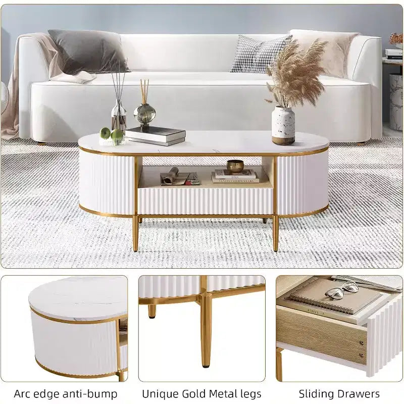 Table basse ovale de 120 cm, table centrale moderne cannelée avec plateau imitation marbre, tiroirs coulissants et pieds en métal doré, table à thé minimaliste pour salon