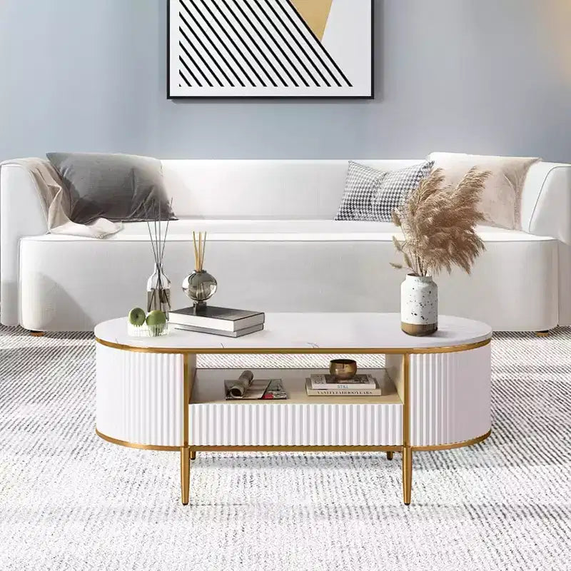 Table basse ovale de 120 cm, table centrale moderne cannelée avec plateau imitation marbre, tiroirs coulissants et pieds en métal doré, table à thé minimaliste pour salon