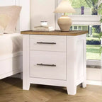 Farmhouse Nightstand with 2 Drawers, Distressed White Bedside Table with Brown Top, Rustic Wood End Table for Bedroom & Living Room