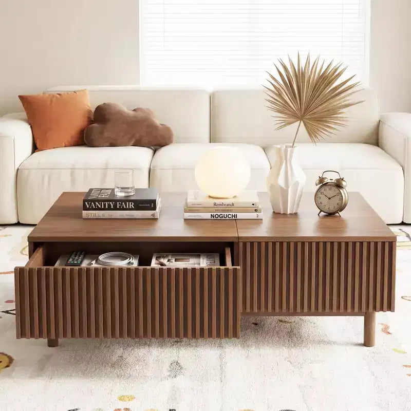 Table Basse Relevable Cannelée Moderne avec Rangement Caché et Tiroirs - Noyer Gaoyangjiaju