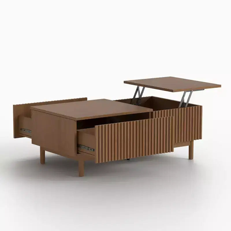 Table Basse Relevable Cannelée Moderne avec Rangement Caché et Tiroirs - Noyer Gaoyangjiaju